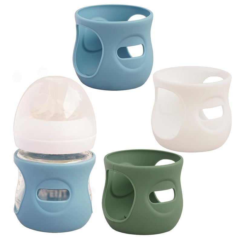 Kingwi 3 Pack Silicone Sleeves for Avent Natural Glass Baby Bottles, Anti Breakage Baby Bottle Holder, Compatible with Philips Avent Glass Natural Baby Bottle (Dark Blue+Dark Green+White, 4 OZ) - Image 1